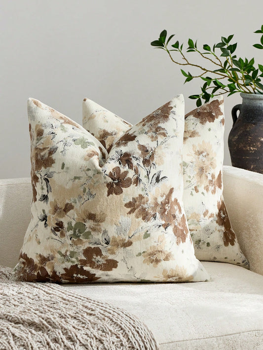1pc/2pcs Brown (No Insert) Floral Pattern Cushion Cover, Fashionable Vintage Comfortable Jacquard Chenille + Faux Cashmere Touch Pillowcase, Suitable For Daily Home Decor, Sofa, Bed, Bedroom, Gift, Ho