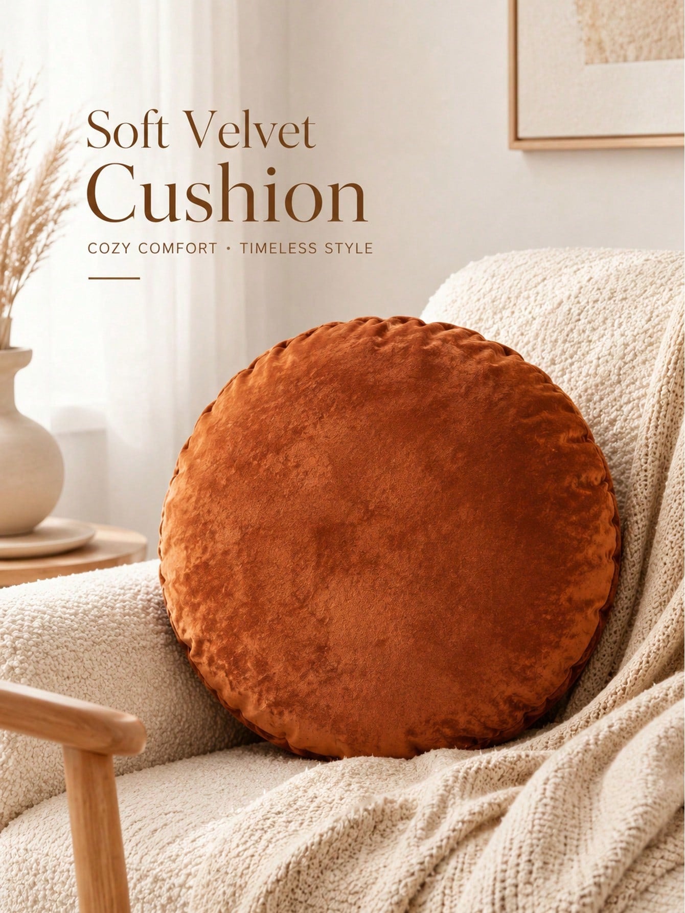 1pc/2pcs Nordic Minimalist Burnt Orange Velvet Round Throw Pillow Cover 45cm(18in), Soft Thick Ruched Edge Round Decorative Pillow Sham (Inner Pillow Not Included), Bohemian Vintage Rust Velvet Cushio