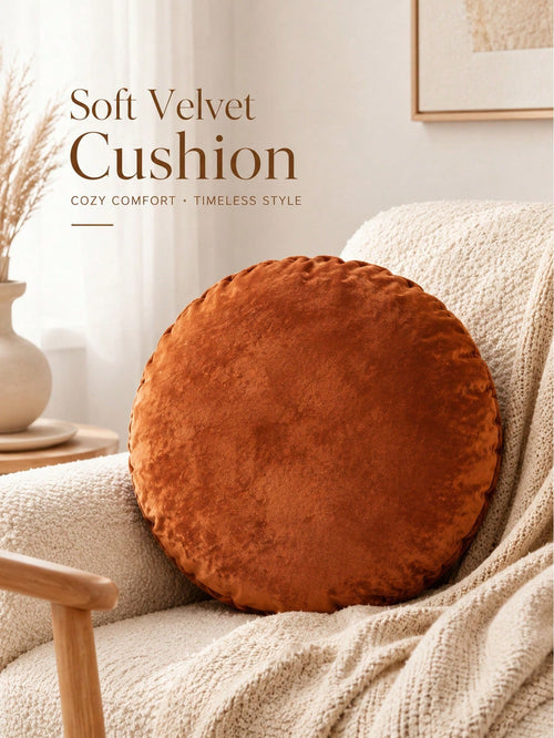 1pc/2pcs Nordic Minimalist Burnt Orange Velvet Round Throw Pillow Cover 45cm(18in), Soft Thick Ruched Edge Round Decorative Pillow Sham (Inner Pillow Not Included), Bohemian Vintage Rust Velvet Cushio