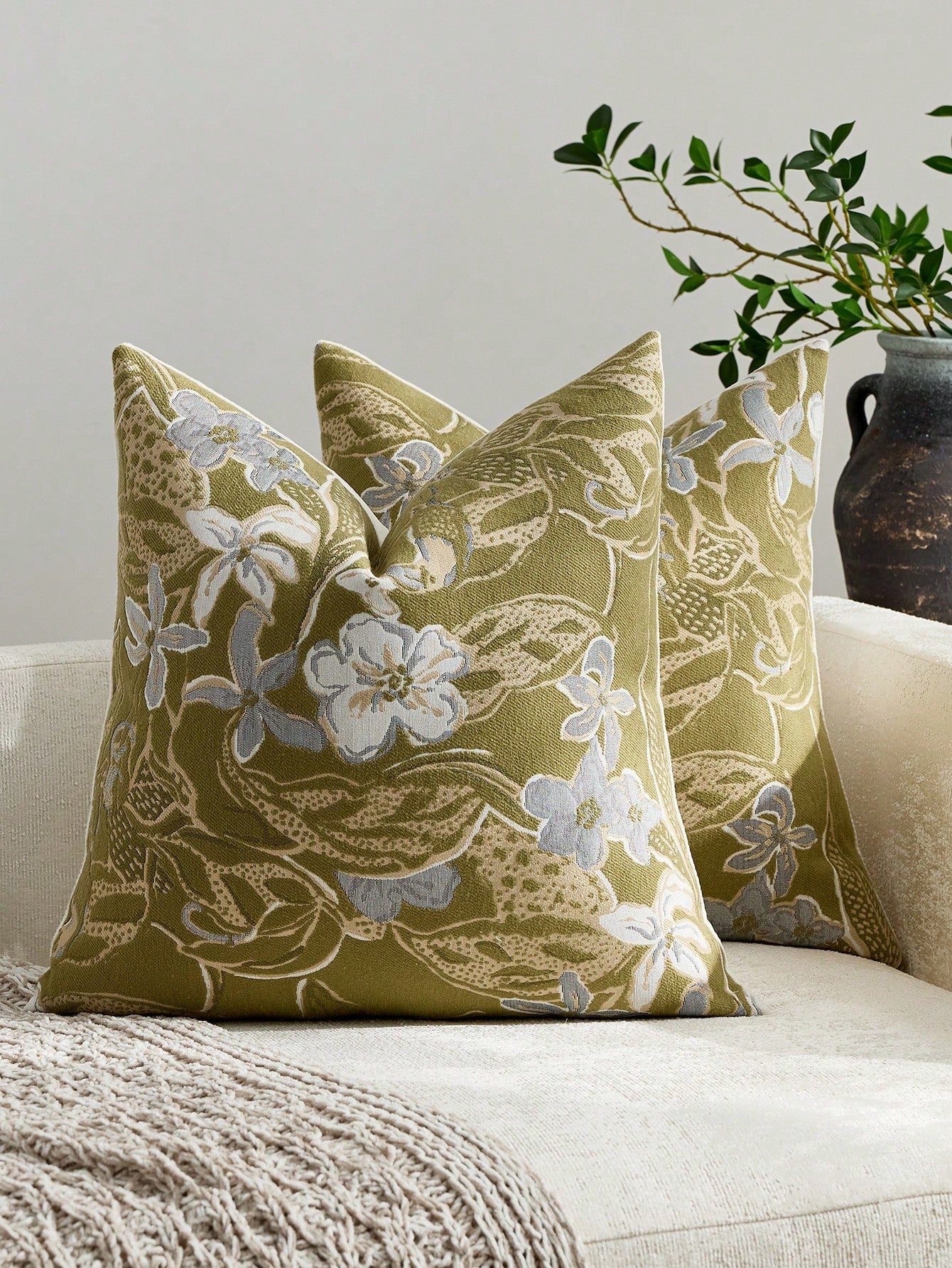 1pc/2pcs Sage (No Insert) Vintage Floral Pattern Throw Pillow Cover, Fashionable Retro Comfortable Jacquard Chenille + Faux Cashmere Decorative Pillow Sham, Suitable For Home Decor, Sofa, Bed, Bedroom
