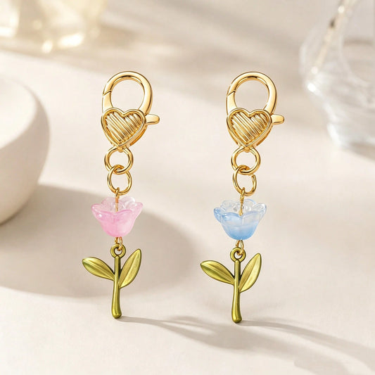 1pc/2pcs Unisex Acrylic Gradient Flower Pendant Keychain With Green Leaves, Couple Holiday Gift Bag Charm