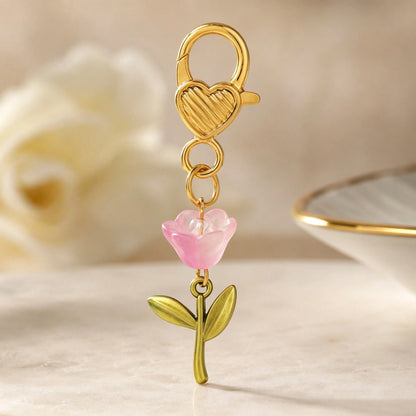 1pc/2pcs Unisex Acrylic Gradient Flower Pendant Keychain With Green Leaves, Couple Holiday Gift Bag Charm