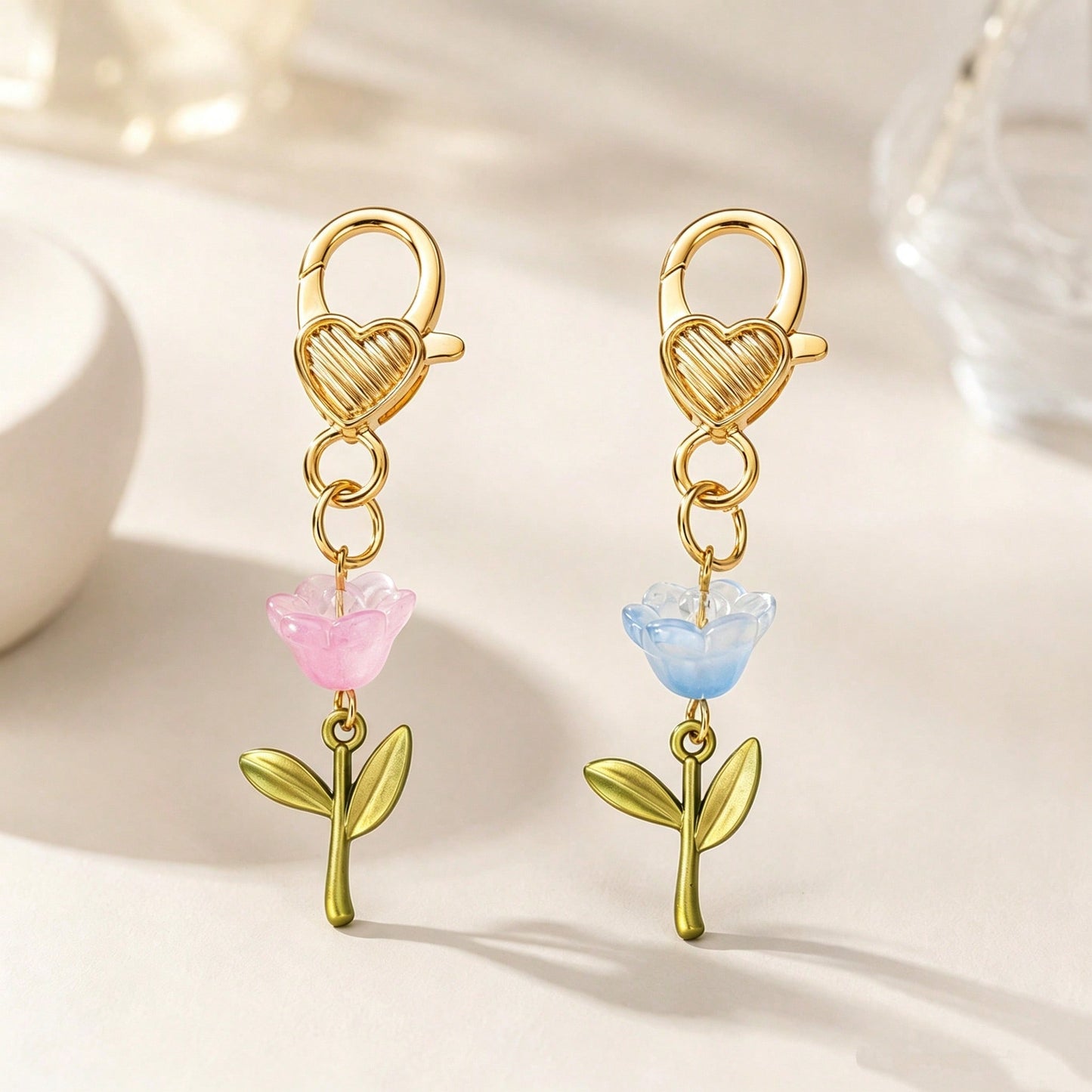 1pc/2pcs Unisex Acrylic Gradient Flower Pendant Keychain With Green Leaves, Couple Holiday Gift Bag Charm
