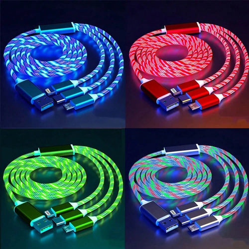 1pc 3-In-1 Multi-USB Universal Flowing LED Light Phone Car Charging Cable Compatible With IPhone 17/16/15/14/13/12/11/XS/XR/8/7/6/ S25/S24 Ultra/S24/S23 Ultra/S23/S22/S21// All Series High-Efficiency