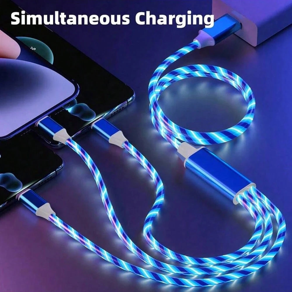 1pc 3-In-1 Multi-USB Universal Flowing LED Light Phone Car Charging Cable Compatible With IPhone 17/16/15/14/13/12/11/XS/XR/8/7/6/ S25/S24 Ultra/S24/S23 Ultra/S23/S22/S21// All Series High-Efficiency