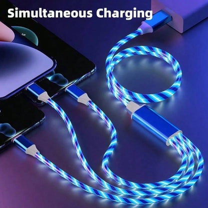 1pc 3-In-1 Multi-USB Universal Flowing LED Light Phone Car Charging Cable Compatible With IPhone 17/16/15/14/13/12/11/XS/XR/8/7/6/ S25/S24 Ultra/S24/S23 Ultra/S23/S22/S21// All Series High-Efficiency