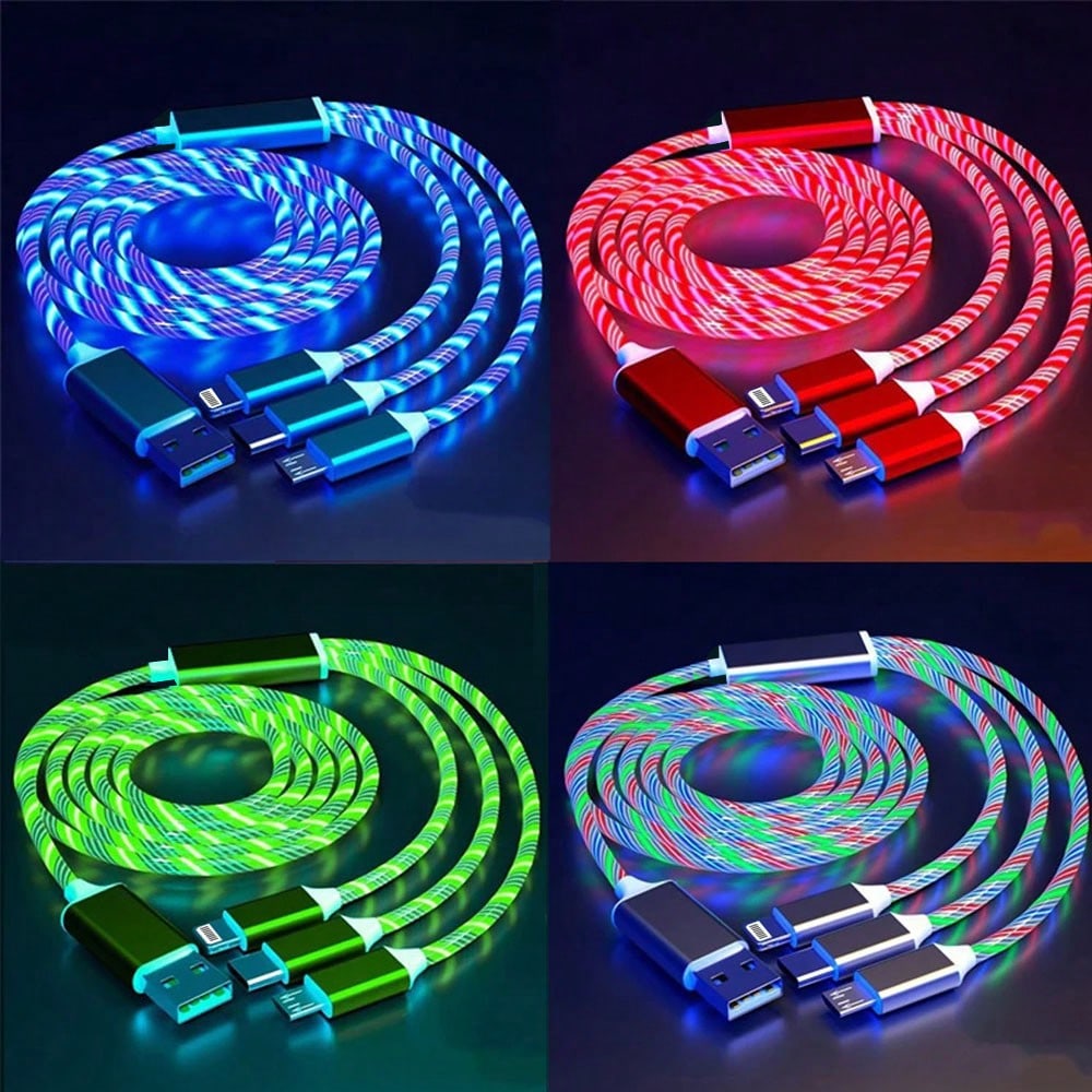 1pc 3-In-1 Multi-USB Universal Flowing LED Light Phone Car Charging Cable Compatible With IPhone 17/16/15/14/13/12/11/XS/XR/8/7/6/ S25/S24 Ultra/S24/S23 Ultra/S23/S22/S21// All Series High-Efficiency