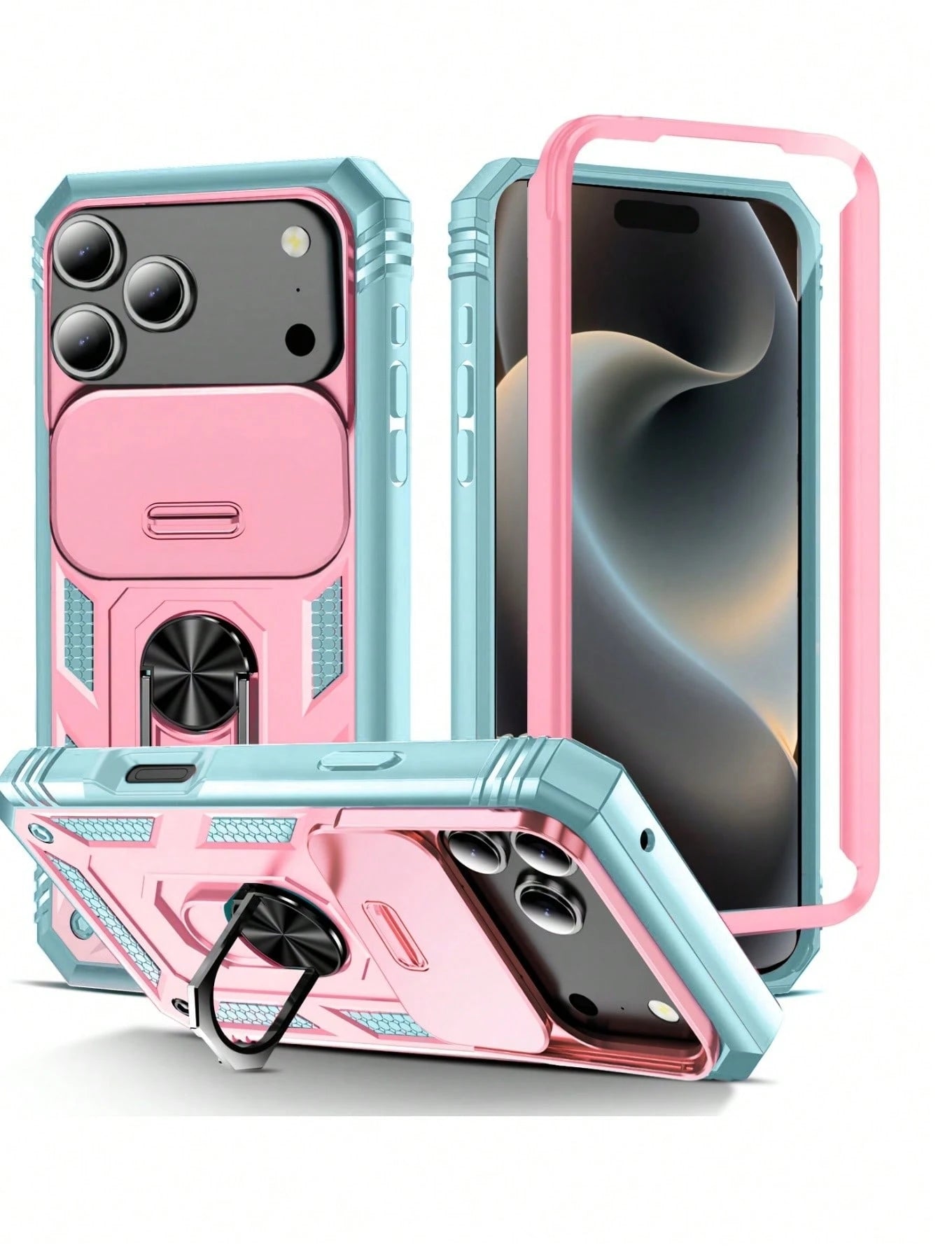 1pc 3-In-1 Rotating Metal Ring Holder With Sliding Lens Cover Protective Case, Compatible With IPhone 17 Pro Max 16 15 14 13 12 11 Pro Max XS Max XR X XS 7 8 Plus, Military Grade Shockproof