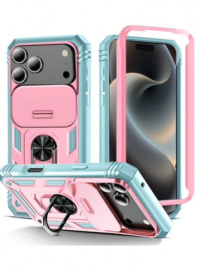 1pc 3-In-1 Rotating Metal Ring Holder With Sliding Lens Cover Protective Case, Compatible With IPhone 17 Pro Max 16 15 14 13 12 11 Pro Max XS Max XR X XS 7 8 Plus, Military Grade Shockproof