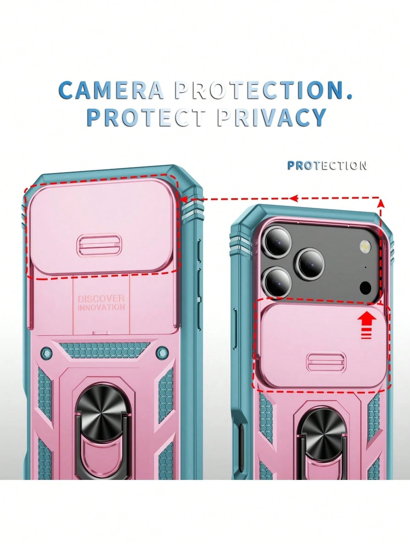 1pc 3-In-1 Rotating Metal Ring Holder With Sliding Lens Cover Protective Case, Compatible With IPhone 17 Pro Max 16 15 14 13 12 11 Pro Max XS Max XR X XS 7 8 Plus, Military Grade Shockproof
