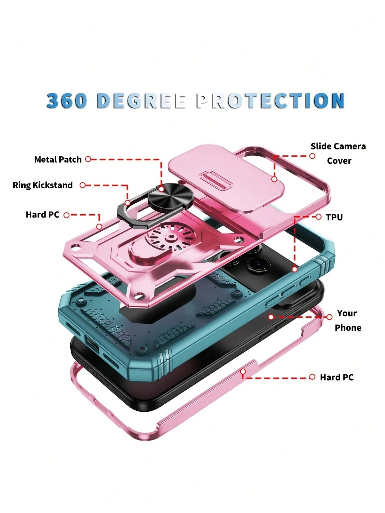 1pc 3-In-1 Rotating Metal Ring Holder With Sliding Lens Cover Protective Case, Compatible With IPhone 17 Pro Max 16 15 14 13 12 11 Pro Max XS Max XR X XS 7 8 Plus, Military Grade Shockproof
