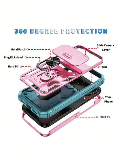 1pc 3-In-1 Rotating Metal Ring Holder With Sliding Lens Cover Protective Case, Compatible With IPhone 17 Pro Max 16 15 14 13 12 11 Pro Max XS Max XR X XS 7 8 Plus, Military Grade Shockproof
