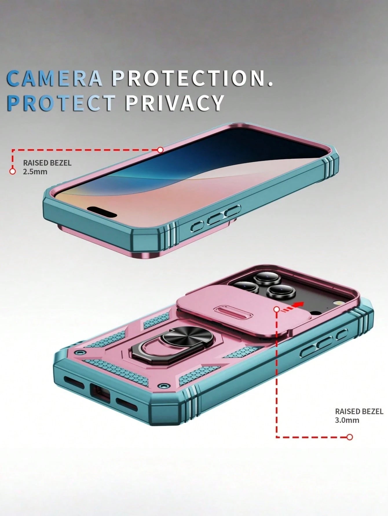1pc 3-In-1 Rotating Metal Ring Holder With Sliding Lens Cover Protective Case, Compatible With IPhone 17 Pro Max 16 15 14 13 12 11 Pro Max XS Max XR X XS 7 8 Plus, Military Grade Shockproof