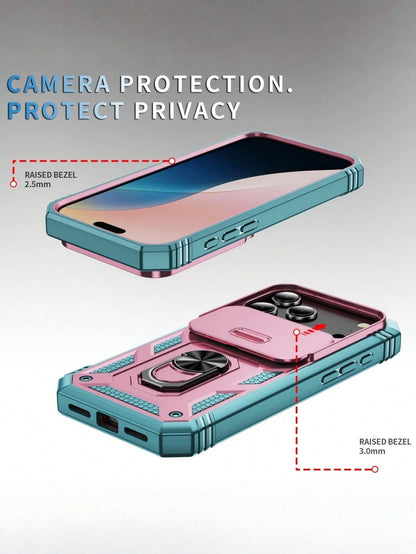 1pc 3-In-1 Rotating Metal Ring Holder With Sliding Lens Cover Protective Case, Compatible With IPhone 17 Pro Max 16 15 14 13 12 11 Pro Max XS Max XR X XS 7 8 Plus, Military Grade Shockproof