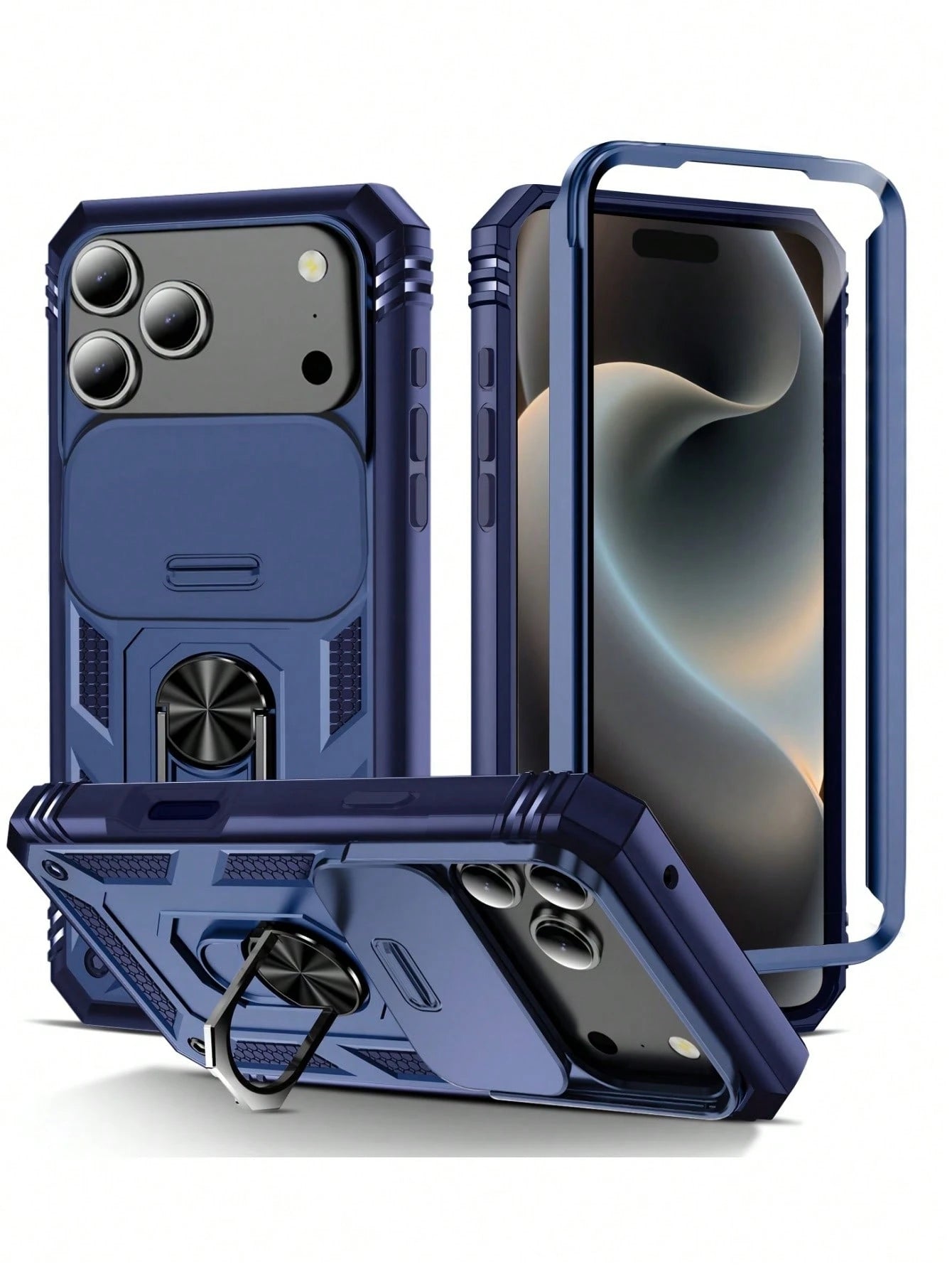 1pc 3-In-1 Rotating Metal Ring Holder With Sliding Lens Cover Protective Case, Compatible With IPhone 17 Pro Max 16 15 14 13 12 11 Pro Max XS Max XR X XS 7 8 Plus, Military Grade Shockproof