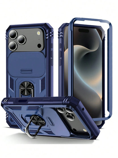 1pc 3-In-1 Rotating Metal Ring Holder With Sliding Lens Cover Protective Case, Compatible With IPhone 17 Pro Max 16 15 14 13 12 11 Pro Max XS Max XR X XS 7 8 Plus, Military Grade Shockproof