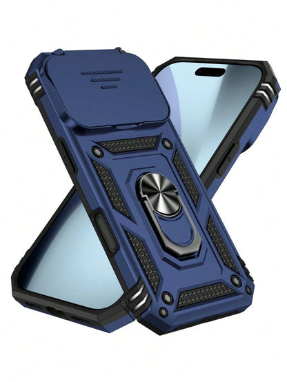 1pc 3-In-1 Rotating Metal Ring Holder With Sliding Lens Cover Protective Case, Compatible With IPhone 17 Pro Max 16 15 14 13 12 11 Pro Max XS Max XR X XS 7 8 Plus, Military Grade Shockproof