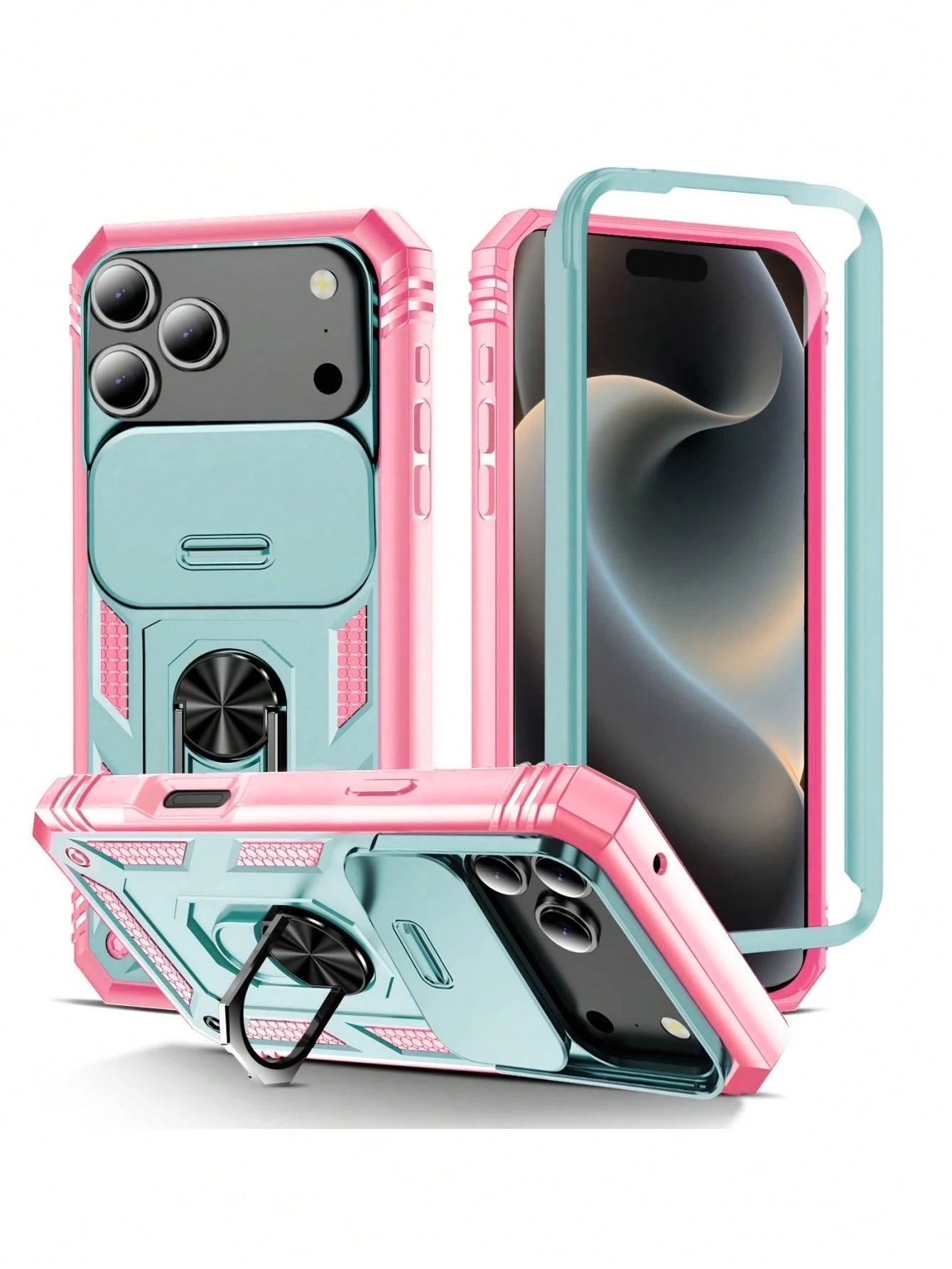 1pc 3-In-1 Rotating Metal Ring Holder With Sliding Lens Cover Protective Case, Compatible With IPhone 17 Pro Max 16 15 14 13 12 11 Pro Max XS Max XR X XS 7 8 Plus, Military Grade Shockproof