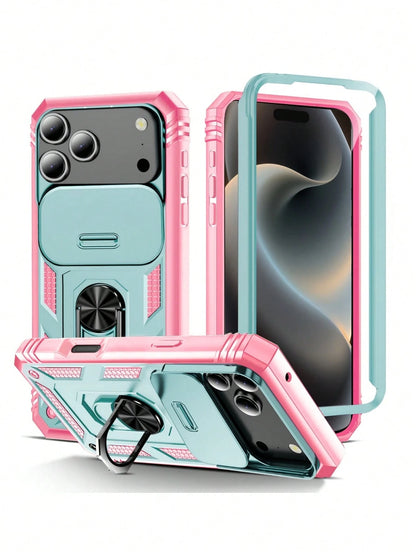 1pc 3-In-1 Rotating Metal Ring Holder With Sliding Lens Cover Protective Case, Compatible With IPhone 17 Pro Max 16 15 14 13 12 11 Pro Max XS Max XR X XS 7 8 Plus, Military Grade Shockproof
