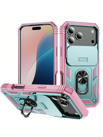 1pc 3-In-1 Rotating Metal Ring Holder With Sliding Lens Cover Protective Case, Compatible With IPhone 17 Pro Max 16 15 14 13 12 11 Pro Max XS Max XR X XS 7 8 Plus, Military Grade Shockproof