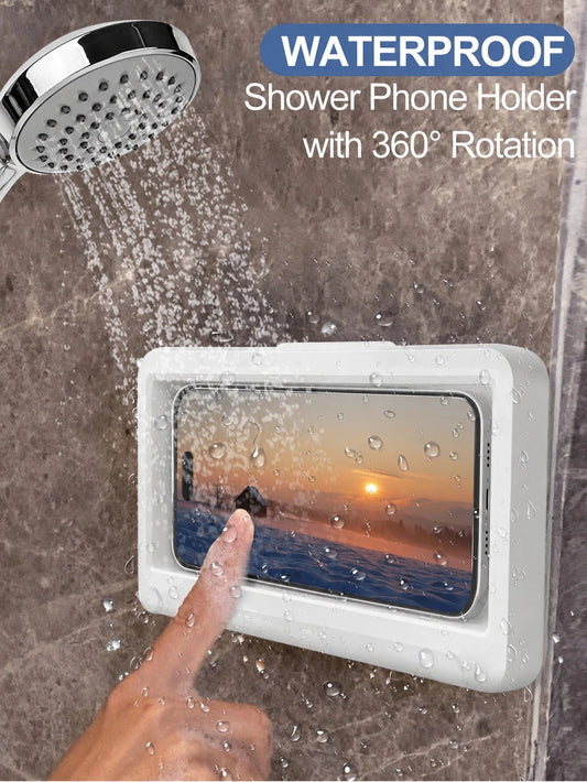 1PC 360° Rotatable Waterproof Shower Phone Holder, Adjustable Angle Anti-Fog Touch Screen Box, No Drilling Wall-Mounted Storage Case For 4–7 Phones, Suitable For Bathroom, Kitchen, Mirror, Bathtub Use