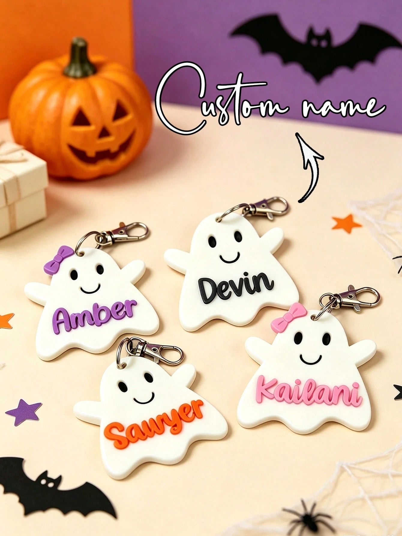1pc/3pcs/5pcs Personalized Ghost Keychain, Ghost Shopping Bag Tag, Halloween Name Tag, Ghost Bag Charm, Halloween Name Sticker, Halloween Party Favor