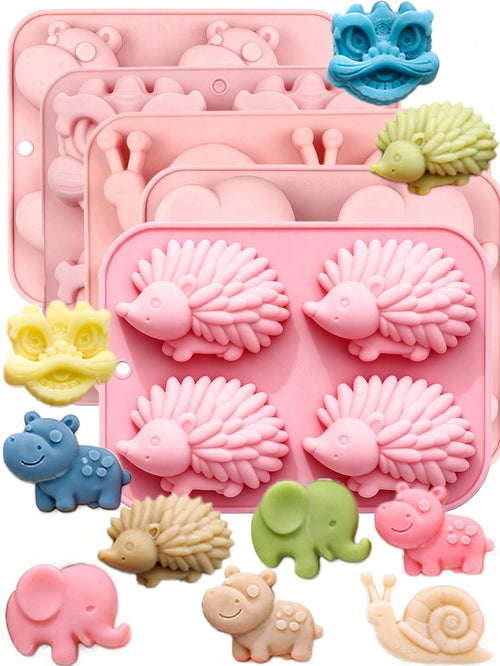 1PC 4-Hole Silicone Soap Mold, Including Elephant, Hedgehog, Hippopotamus, And Snail Shapes, Suitable For Gypsum, Clay, And Epoxy Resin, Cute 3D Animal Design, DIY Handmade Soap Mold, Suitable For Dai
