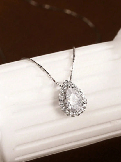 1pc 925 Sterling Silver Elegant Luxurious Inlaid Teardrop Necklace, Refined Jewelry Gift For Women, Party Gift, Birthday Gift, Perfect For Dates