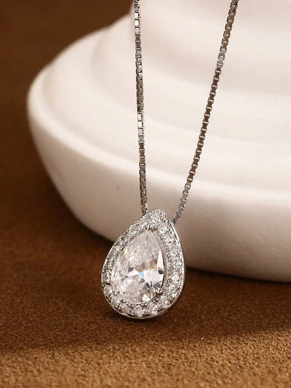 1pc 925 Sterling Silver Elegant Luxurious Inlaid Teardrop Necklace, Refined Jewelry Gift For Women, Party Gift, Birthday Gift, Perfect For Dates