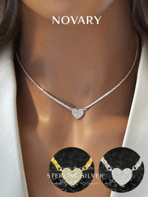 1pc 925 Sterling Silver Luxury Sparkling Cubic Zirconia Heart Pendant Necklace- Lightweight Elegant Choker Necklace, Suitable For Daily Wear, Dates, Galas And Parties, An Ideal Gift For Her
