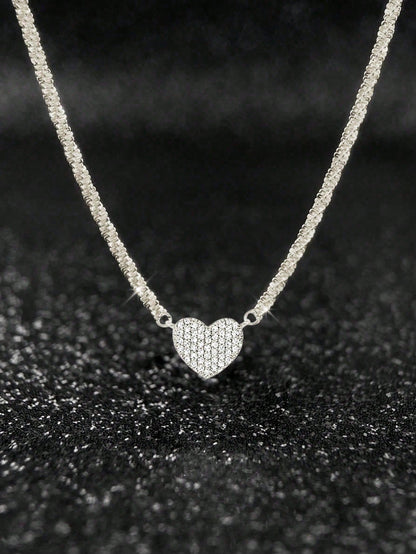 1pc 925 Sterling Silver Luxury Sparkling Cubic Zirconia Heart Pendant Necklace- Lightweight Elegant Choker Necklace, Suitable For Daily Wear, Dates, Galas And Parties, An Ideal Gift For Her