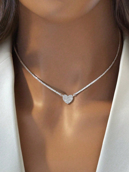 1pc 925 Sterling Silver Luxury Sparkling Cubic Zirconia Heart Pendant Necklace- Lightweight Elegant Choker Necklace, Suitable For Daily Wear, Dates, Galas And Parties, An Ideal Gift For Her