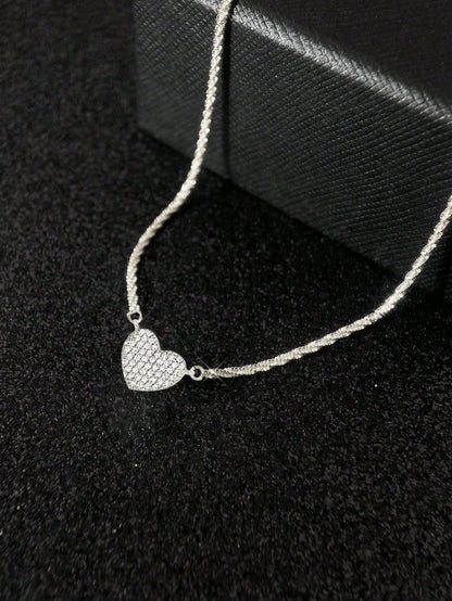 1pc 925 Sterling Silver Luxury Sparkling Cubic Zirconia Heart Pendant Necklace- Lightweight Elegant Choker Necklace, Suitable For Daily Wear, Dates, Galas And Parties, An Ideal Gift For Her