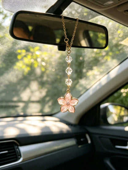 1pc Alloy Flower Crystal Beaded Rearview Mirror Hanging Ornament, Car Interior Decoration Accessory, Car Interior Decor