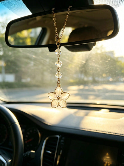 1pc Alloy Flower Crystal Beaded Rearview Mirror Hanging Ornament, Car Interior Decoration Accessory, Car Interior Decor