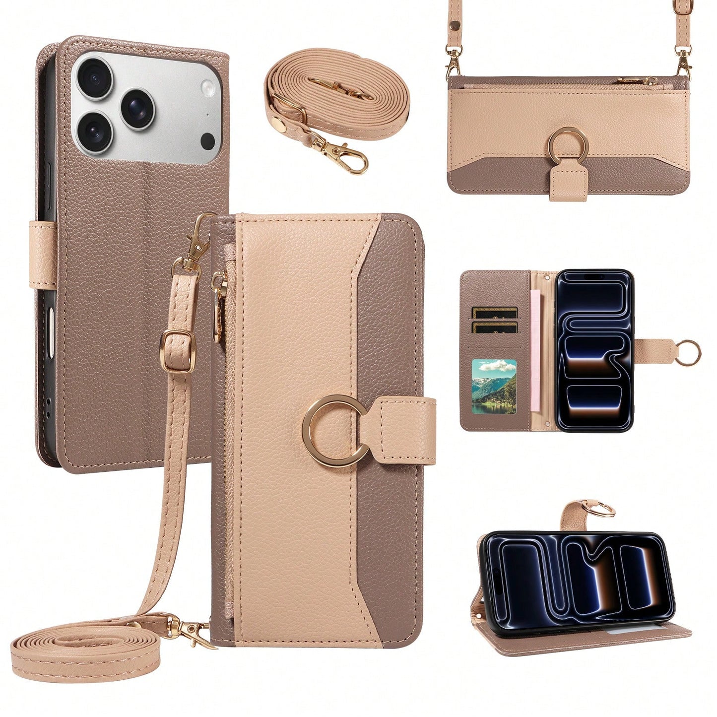 1pc Artificial Leather Zipper Wallet Phone Case Compatible With Apple 17 Pro Max, A57, Note 15 PRO, Portable Crossbody Coin Holder Protective Shell (Global Version, Not Local Model)