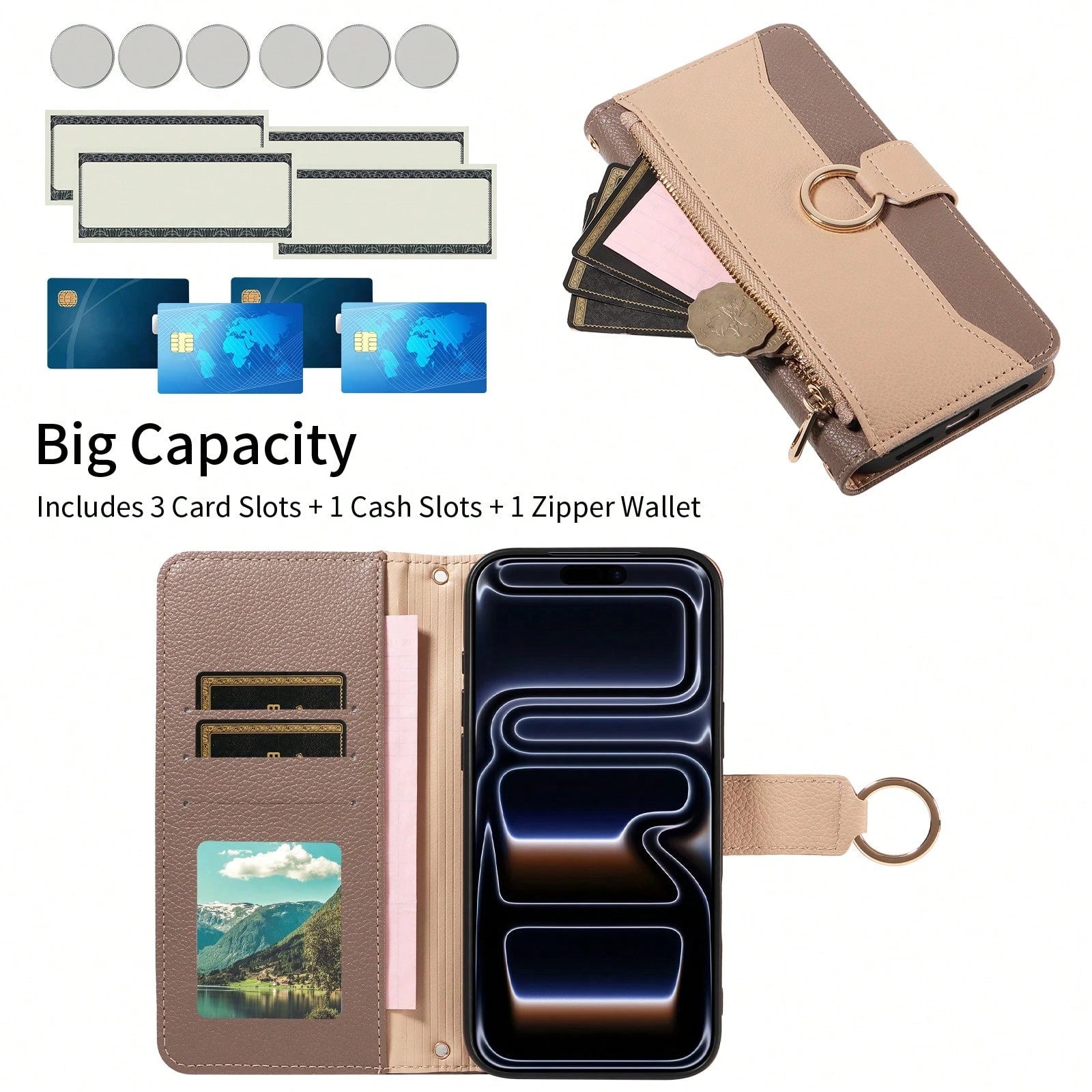1pc Artificial Leather Zipper Wallet Phone Case Compatible With Apple 17 Pro Max, A57, Note 15 PRO, Portable Crossbody Coin Holder Protective Shell (Global Version, Not Local Model)
