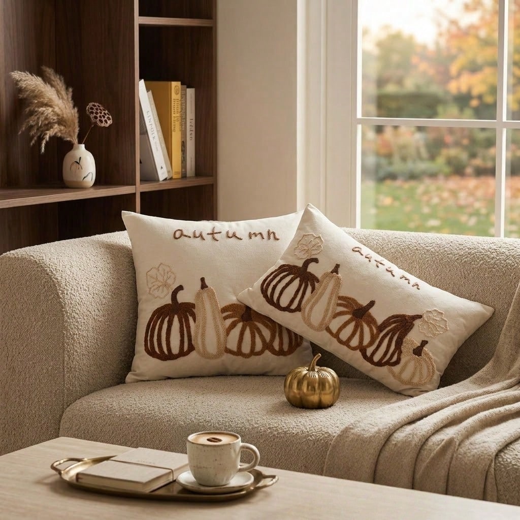 1pc Autumn Harvest Pumpkin Decorative Pillow Cover, Textured Chenille Embroidered Pillowcase, Holiday Thanksgiving Sofa Decor