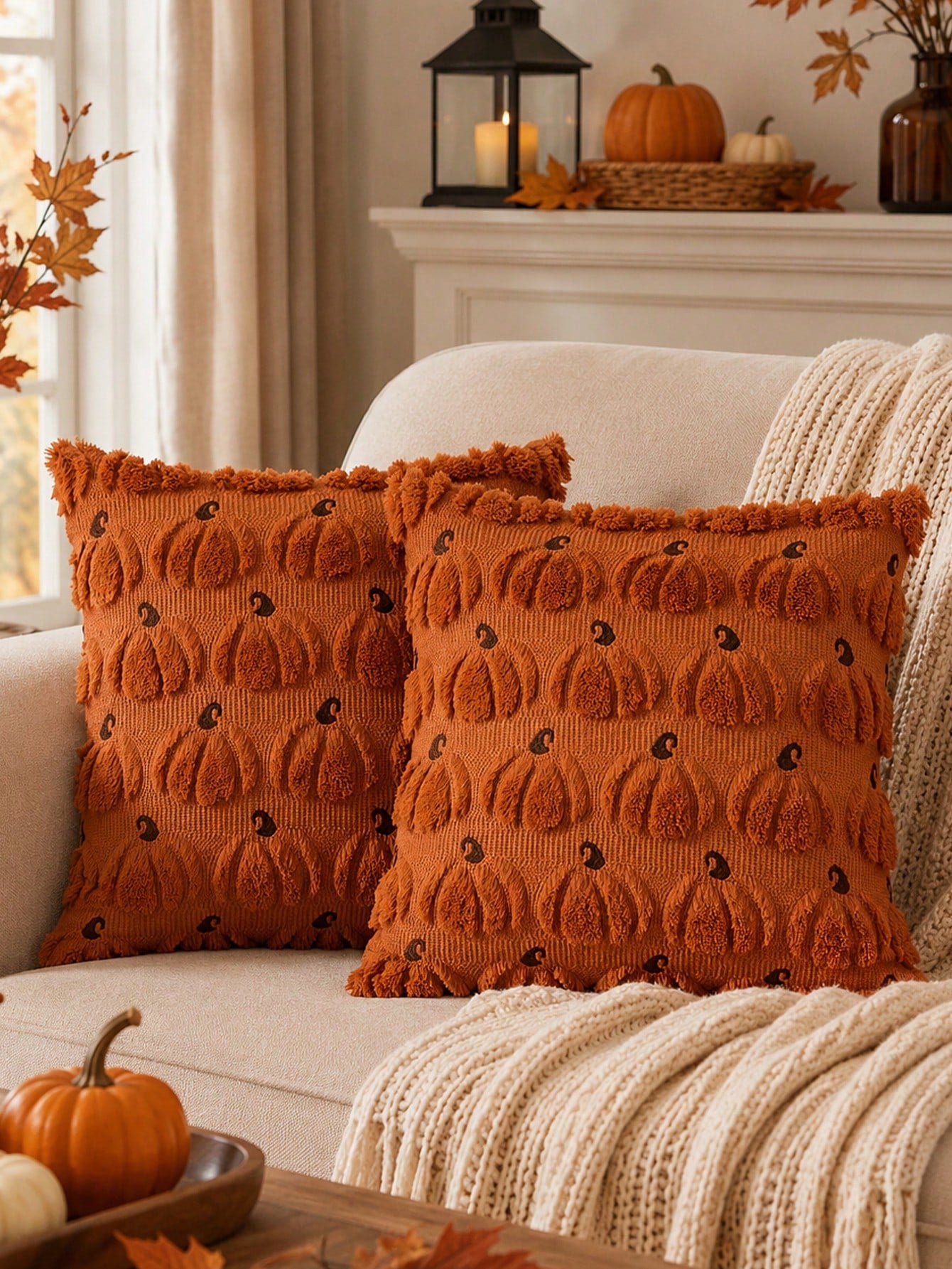 1pc Autumn Pumpkin Pattern Embroidered Decorative Pillow Case, Halloween Soft Faux Wool Plush Pillow Cover, Suitable For Home Sofa Bedroom Chair