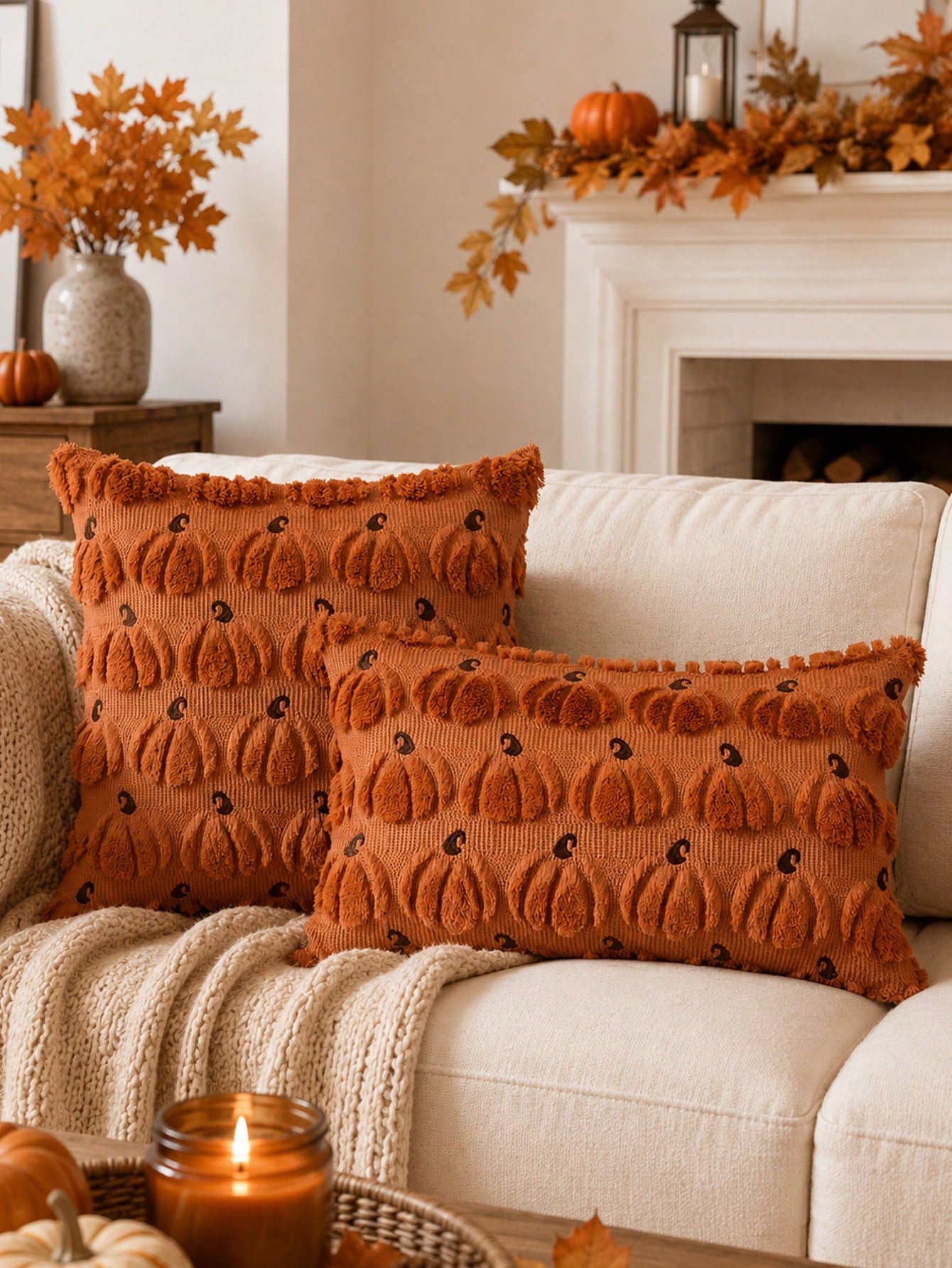 1pc Autumn Pumpkin Pattern Embroidered Decorative Pillow Case, Halloween Soft Faux Wool Plush Pillow Cover, Suitable For Home Sofa Bedroom Chair