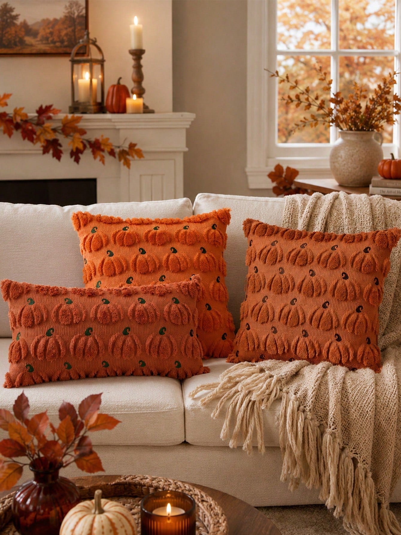 1pc Autumn Pumpkin Pattern Embroidered Decorative Pillow Case, Halloween Soft Faux Wool Plush Pillow Cover, Suitable For Home Sofa Bedroom Chair