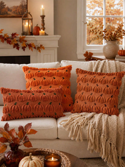 1pc Autumn Pumpkin Pattern Embroidered Decorative Pillow Case, Halloween Soft Faux Wool Plush Pillow Cover, Suitable For Home Sofa Bedroom Chair