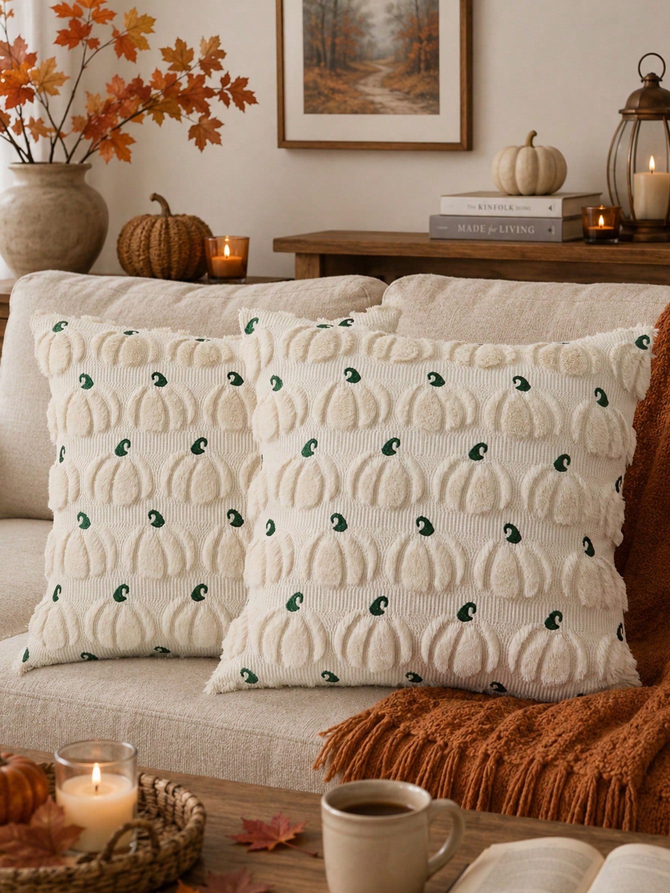 1pc Autumn Pumpkin Pattern Embroidered Decorative Pillow Case, Halloween Soft Faux Wool Plush Pillow Cover, Suitable For Home Sofa Bedroom Chair