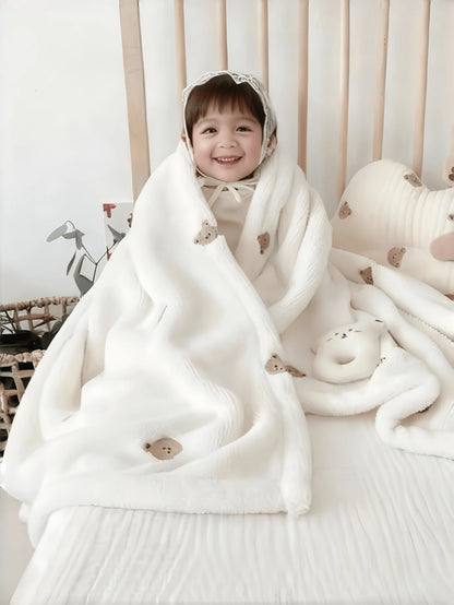1pc Baby Embroidered Fleece Blanket, Infant Soft Throw Blanket, Multi-Bear Design All Season Portable Swaddle Wrap For Newborns