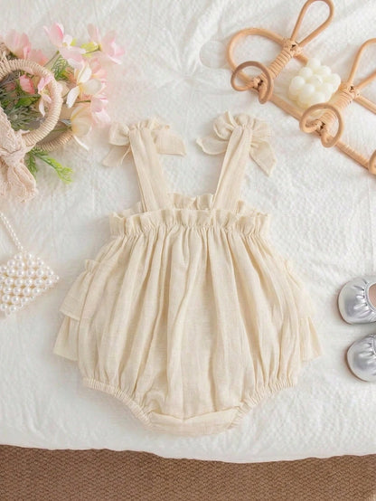 1pc Baby Girl Sweet Soft Ruffled Strap Bow Decor Romper, Lightweight Sleeveless Floral Bud Bodysuit, Gentle Attractive Daily Wear, Summer