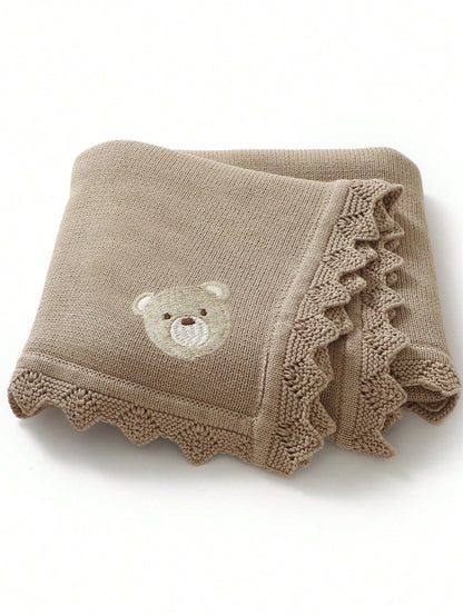 1pc Baby Knitted Blanket, Cute Bear Embroidery Design With Wavy Edges, Soft & Minimalist, Suitable For All Seasons