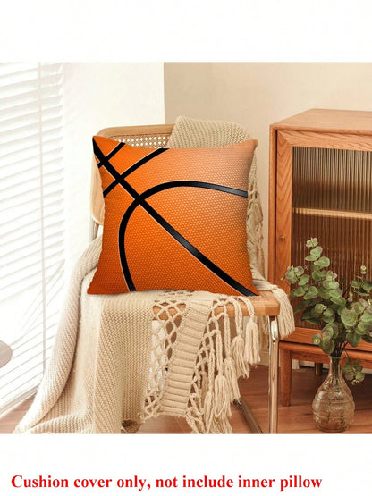1pc Basketball Pattern Decorative Pillow Cover, Peach Polyester, 45x45cm, 50x50cm Multiple Sizes, No Pillow Insert