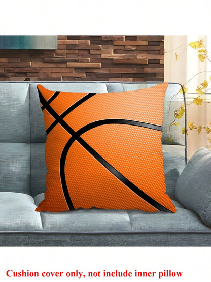 1pc Basketball Pattern Decorative Pillow Cover, Peach Polyester, 45x45cm, 50x50cm Multiple Sizes, No Pillow Insert
