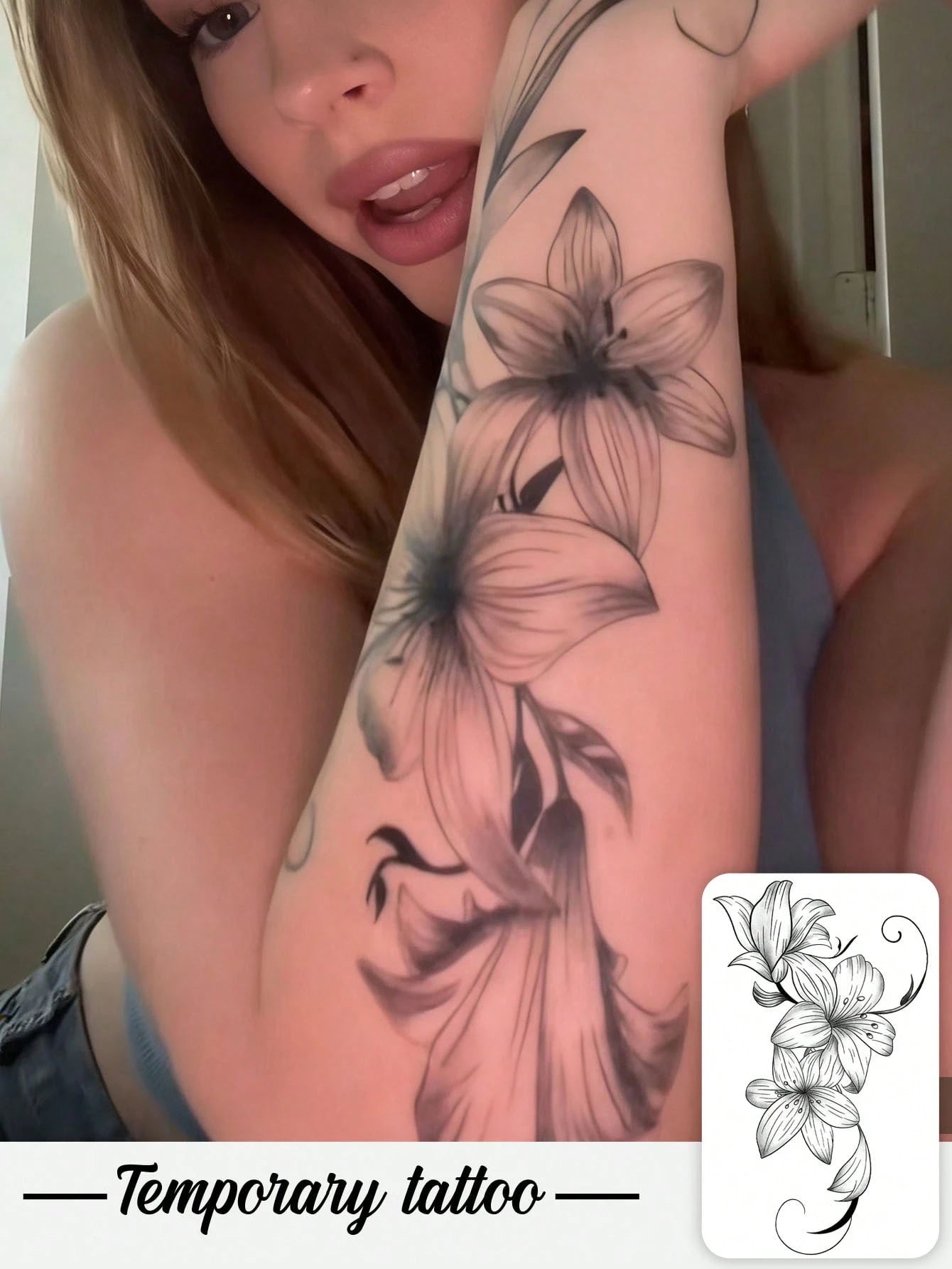 1pc Black Ink Fine Line Realistic Lily Flower Pattern, Suitable For Parties, Weddings And Special Occasions, Floral Temporary Tattoo Sticker, Party Decoration, Nature Inspired Tattoo Sticker Lasts 3-5