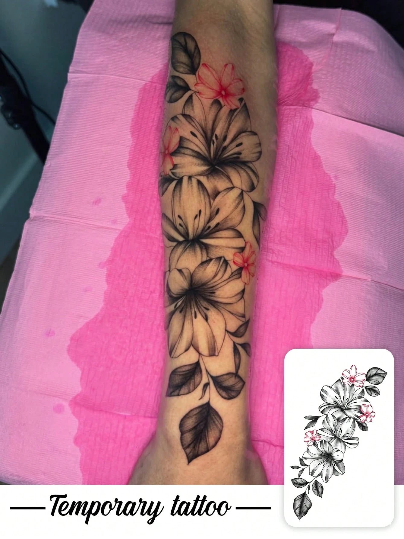 1pc Black Ink Fine Line Realistic Lily Flower Pattern, Suitable For Parties, Weddings And Special Occasions, Floral Temporary Tattoo Sticker, Party Decoration, Nature Inspired Tattoo Sticker Lasts 3-5
